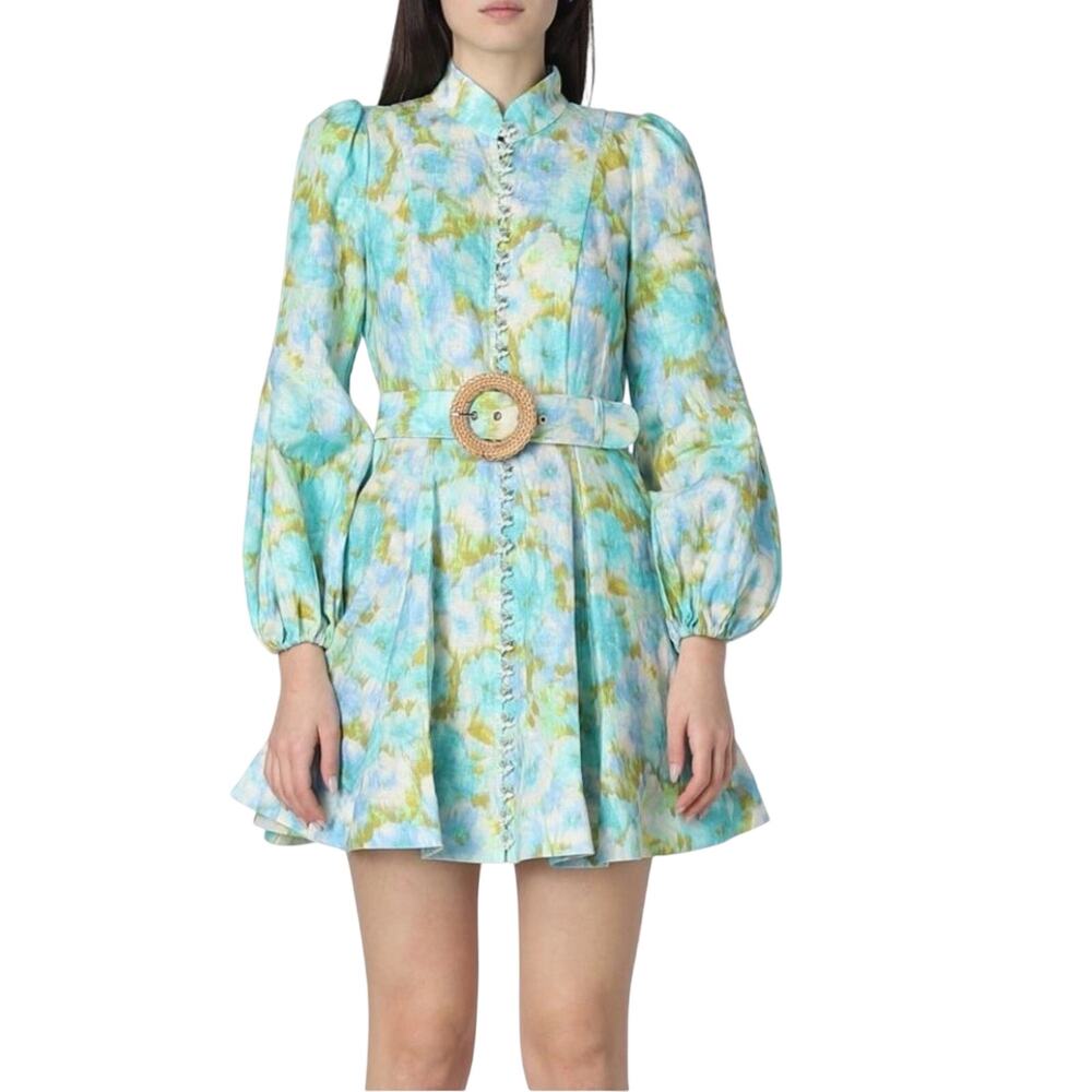 Zimmerman High Tide Watercolor Teal & Aqua Long Sleeve Mini Dress with Belt
